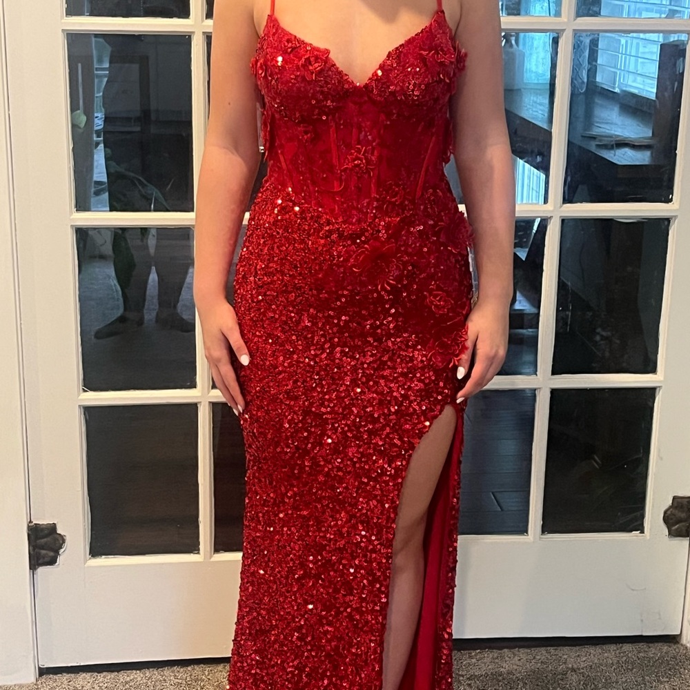 Red Sequin Embellished Prom Gown